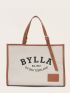 Letter Graphic Contrast Binding Tote Bag