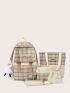 5pcs Cartoon Decor Plaid Pattern Backpack Set