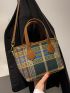 Colorblock Plaid Tweed Bucket Bag With Pom Pom Charm