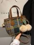 Colorblock Plaid Tweed Bucket Bag With Pom Pom Charm