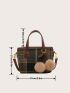 Colorblock Plaid Tweed Bucket Bag With Pom Pom Charm