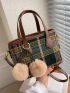 Colorblock Plaid Tweed Bucket Bag With Pom Pom Charm