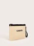 Letter Embroidery Straw Bag With Wristlet