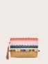Pom Pom Decor Colorblock Striped Straw Clutch Bag