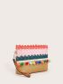 Pom Pom Decor Colorblock Striped Straw Clutch Bag
