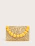 Pom Pom Decor Straw Clutch Bag