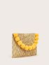 Pom Pom Decor Straw Clutch Bag