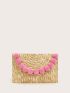 Pom Pom Decor Straw Clutch Bag