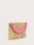 Pom Pom Decor Straw Clutch Bag