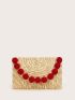 Pom Pom Decor Straw Clutch Bag