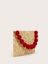 Pom Pom Decor Straw Clutch Bag