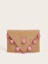 Pom Pom Decor Striped Flap Straw Clutch Bag