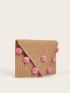 Pom Pom Decor Striped Flap Straw Clutch Bag