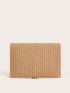 Pom Pom Decor Striped Flap Straw Clutch Bag