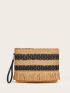 Colorblock Fringe Decor Striped Straw Clutch Bag