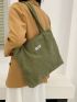 Corduroy Letter Patch Decor Large Capacity Shoulder Tote Bag
