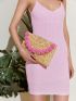 Pom Pom Decor Straw Clutch Bag