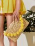 Pom Pom Decor Straw Clutch Bag