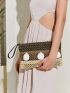 Colorblock Shell Decor Straw Clutch Bag