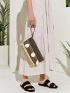 Colorblock Shell Decor Straw Clutch Bag