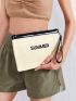 Letter Embroidery Straw Bag With Wristlet