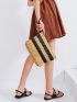 Colorblock Fringe Decor Striped Straw Clutch Bag