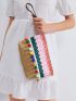 Pom Pom Decor Colorblock Striped Straw Clutch Bag