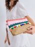Pom Pom Decor Colorblock Striped Straw Clutch Bag