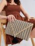 Faux Pearl & Tassel Decor Striped Straw Clutch Bag