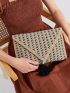 Faux Pearl & Tassel Decor Striped Straw Clutch Bag