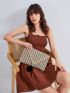 Faux Pearl & Tassel Decor Striped Straw Clutch Bag