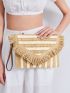 Fringe Decor Striped Straw Clutch Bag