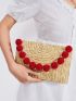 Pom Pom Decor Straw Clutch Bag