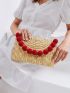 Pom Pom Decor Straw Clutch Bag