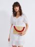Pom Pom Decor Straw Clutch Bag