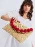 Pom Pom Decor Straw Clutch Bag