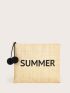 Letter Graphic Pom Pom Decor Straw Bag