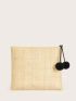 Letter Graphic Pom Pom Decor Straw Bag
