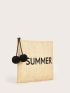Letter Graphic Pom Pom Decor Straw Bag
