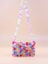 Allover Heart Design Beaded Decor Square Bag