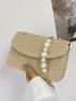 Faux Pearl Decor Flap Chain Straw Bag