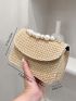 Faux Pearl Decor Flap Chain Straw Bag