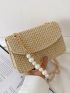 Faux Pearl Decor Flap Chain Straw Bag
