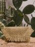 Fringe Decor Hollow Out Straw Clutch Bag