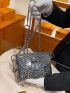 Striped Print Studded Decor Metal Lock Chain Square Bag