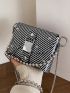 Striped Print Studded Decor Metal Lock Chain Square Bag