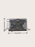 Striped Print Studded Decor Metal Lock Chain Square Bag