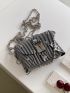 Striped Print Studded Decor Metal Lock Chain Square Bag