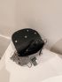 Striped Print Studded Decor Metal Lock Chain Square Bag