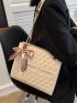 Quilted & Letter Graphic Shoulder Tote Bag